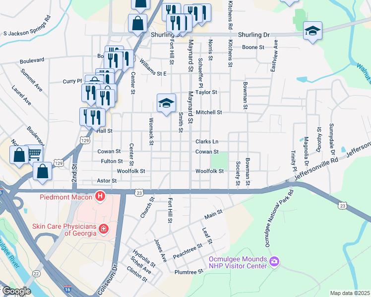 map of restaurants, bars, coffee shops, grocery stores, and more near 784 Cowan Street in Macon