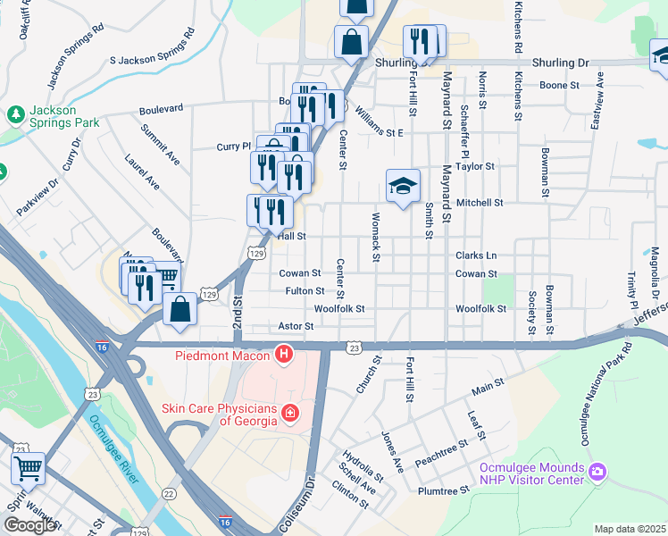 map of restaurants, bars, coffee shops, grocery stores, and more near 808 Center Street in Macon