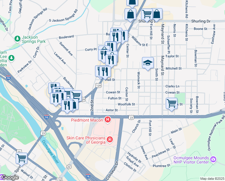 map of restaurants, bars, coffee shops, grocery stores, and more near 390 Cowan Street in Macon