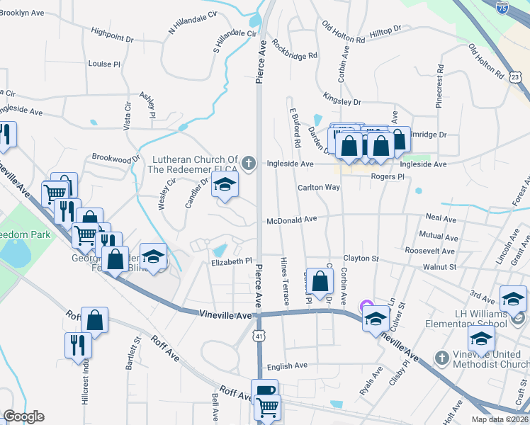 map of restaurants, bars, coffee shops, grocery stores, and more near Pierce Avenue in Macon