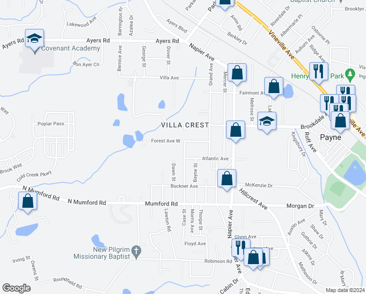 map of restaurants, bars, coffee shops, grocery stores, and more near 4110 Forest Avenue West in Macon
