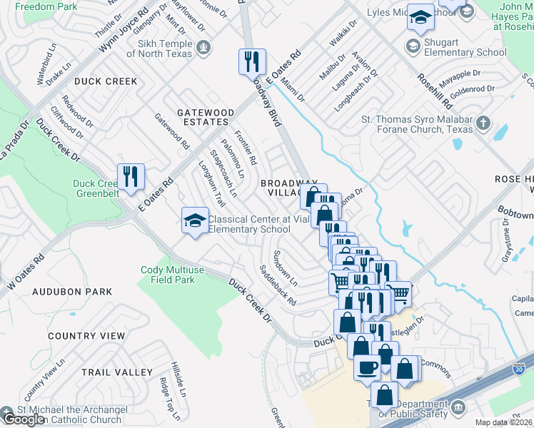 map of restaurants, bars, coffee shops, grocery stores, and more near 5226 Robin Road in Garland