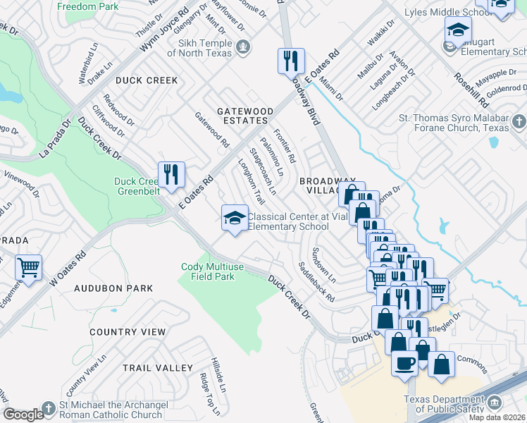 map of restaurants, bars, coffee shops, grocery stores, and more near 5201 Longhorn Trail in Garland