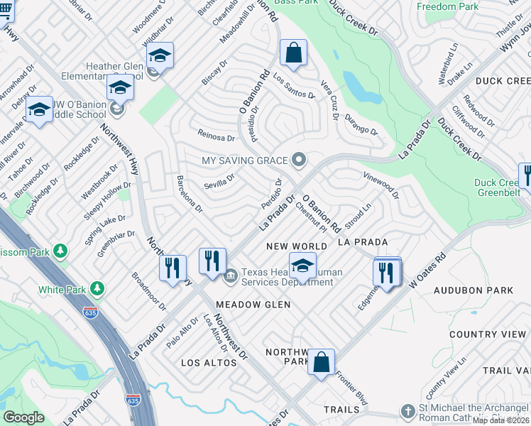 map of restaurants, bars, coffee shops, grocery stores, and more near 602 Perdido Drive in Garland