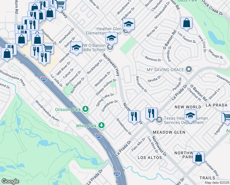 map of restaurants, bars, coffee shops, grocery stores, and more near 713 Spring Lake Drive in Garland
