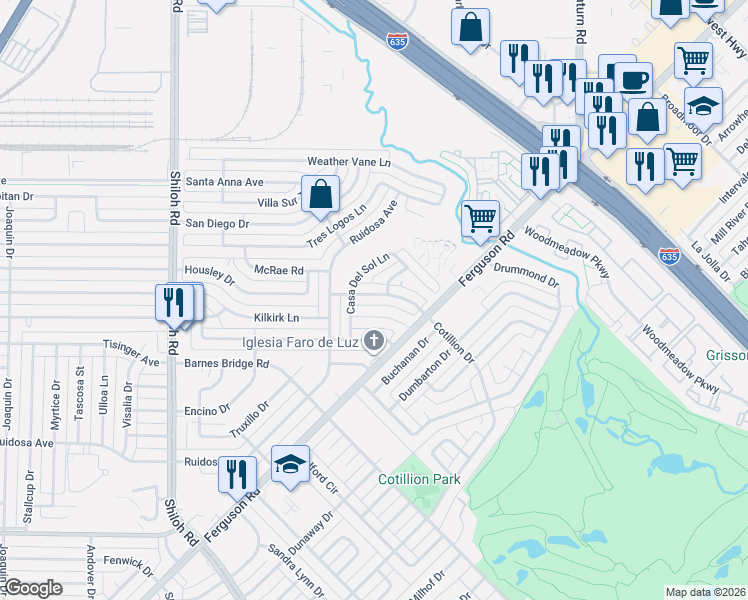 map of restaurants, bars, coffee shops, grocery stores, and more near 11605 Cotillion Drive in Dallas