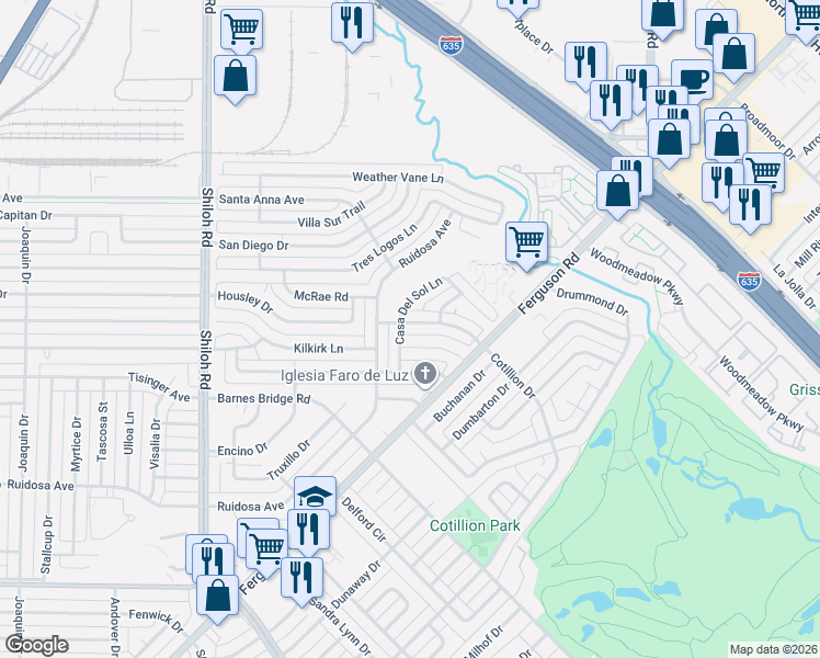 map of restaurants, bars, coffee shops, grocery stores, and more near 3631 Casa Del Sol Lane in Dallas