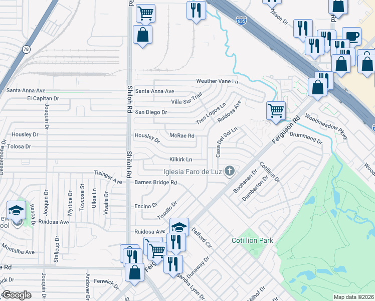 map of restaurants, bars, coffee shops, grocery stores, and more near 3018 Housley Drive in Dallas