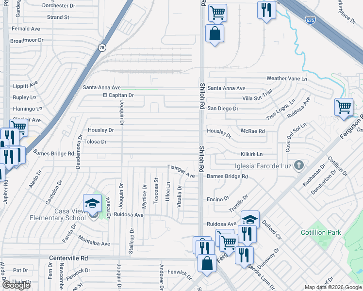 map of restaurants, bars, coffee shops, grocery stores, and more near 2726 Tolosa Drive in Dallas