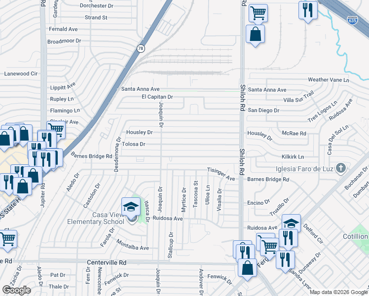 map of restaurants, bars, coffee shops, grocery stores, and more near 2508 Tolosa Drive in Dallas