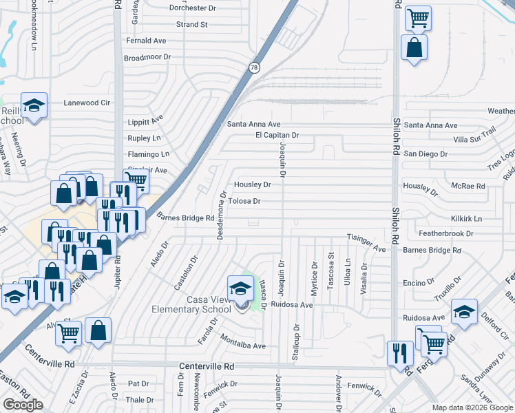map of restaurants, bars, coffee shops, grocery stores, and more near 2038 Tolosa Drive in Dallas