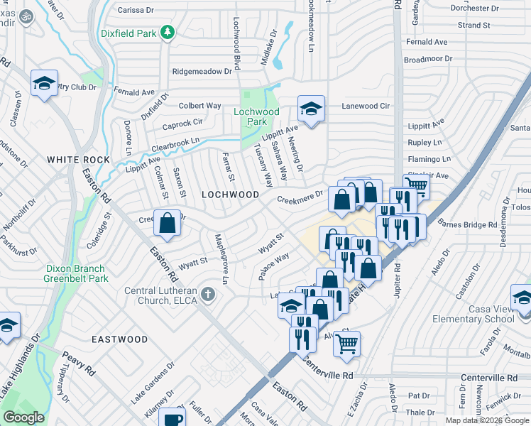 map of restaurants, bars, coffee shops, grocery stores, and more near 10924 Creekmere Drive in Dallas