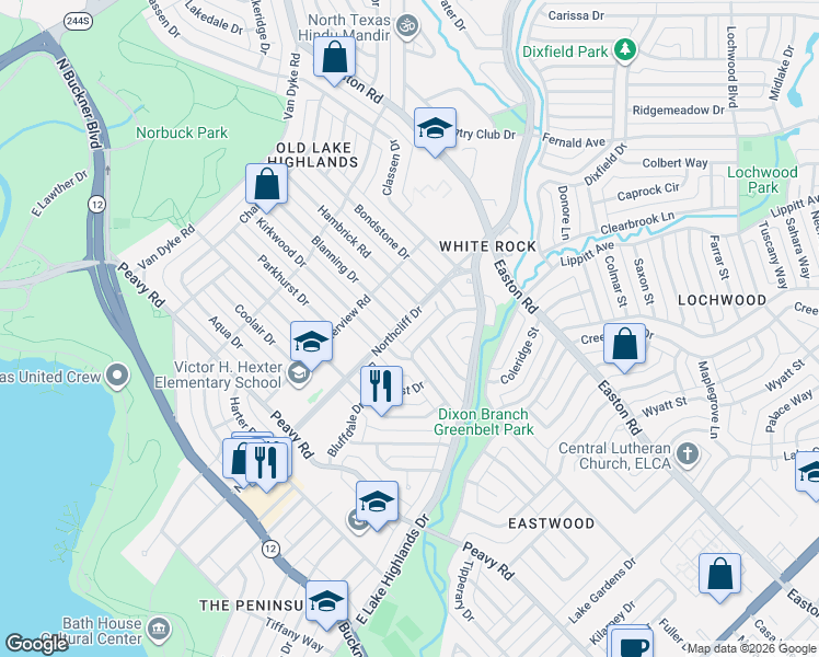 map of restaurants, bars, coffee shops, grocery stores, and more near 10018 Northcliff Drive in Dallas