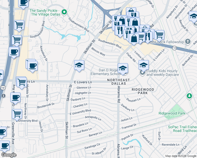 map of restaurants, bars, coffee shops, grocery stores, and more near 6240 Town Hill Lane in Dallas
