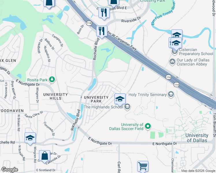 map of restaurants, bars, coffee shops, grocery stores, and more near 3509 University Park Lane in Irving