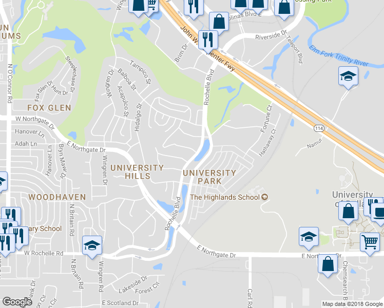 map of restaurants, bars, coffee shops, grocery stores, and more near 621 San Juan Court in Irving