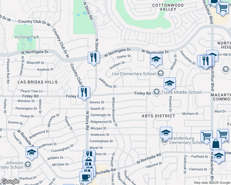 map of restaurants, bars, coffee shops, grocery stores, and more near 2015 Finley Road in Irving