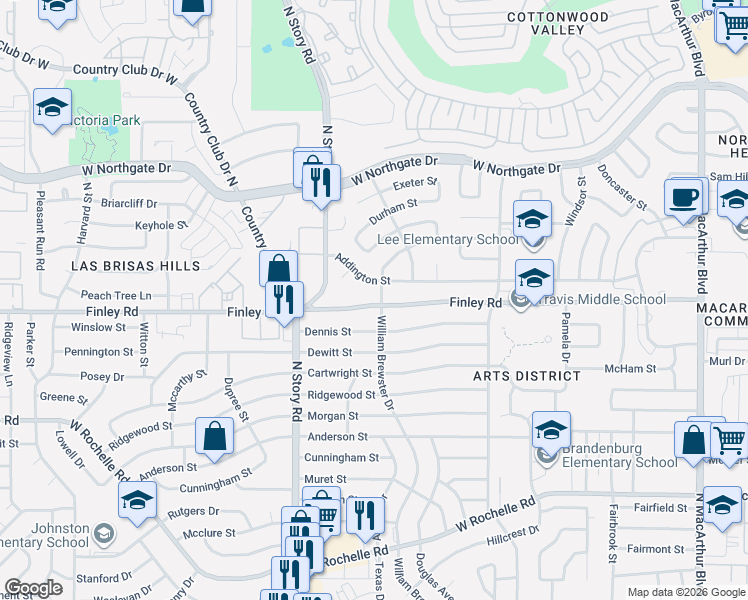 map of restaurants, bars, coffee shops, grocery stores, and more near 2127 Finley Road in Irving