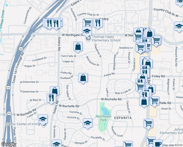 map of restaurants, bars, coffee shops, grocery stores, and more near 3826 Pendleton Court in Irving