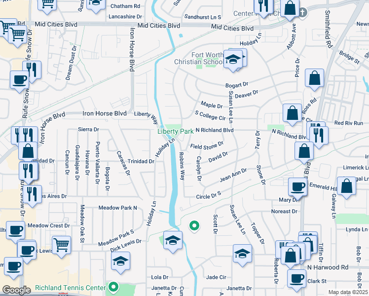 map of restaurants, bars, coffee shops, grocery stores, and more near 5900 Circle Drive North in North Richland Hills