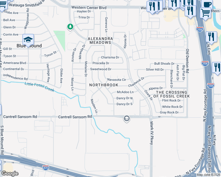 map of restaurants, bars, coffee shops, grocery stores, and more near 2401 Chadwick Drive in Fort Worth
