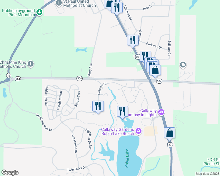map of restaurants, bars, coffee shops, grocery stores, and more near 2219 Dogwood Lane in Pine Mountain