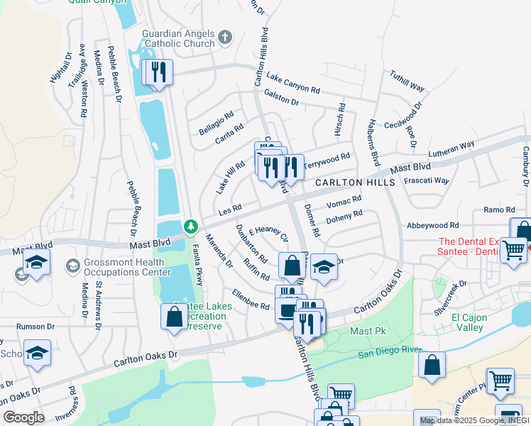 map of restaurants, bars, coffee shops, grocery stores, and more near 5 Mast Boulevard in Santee