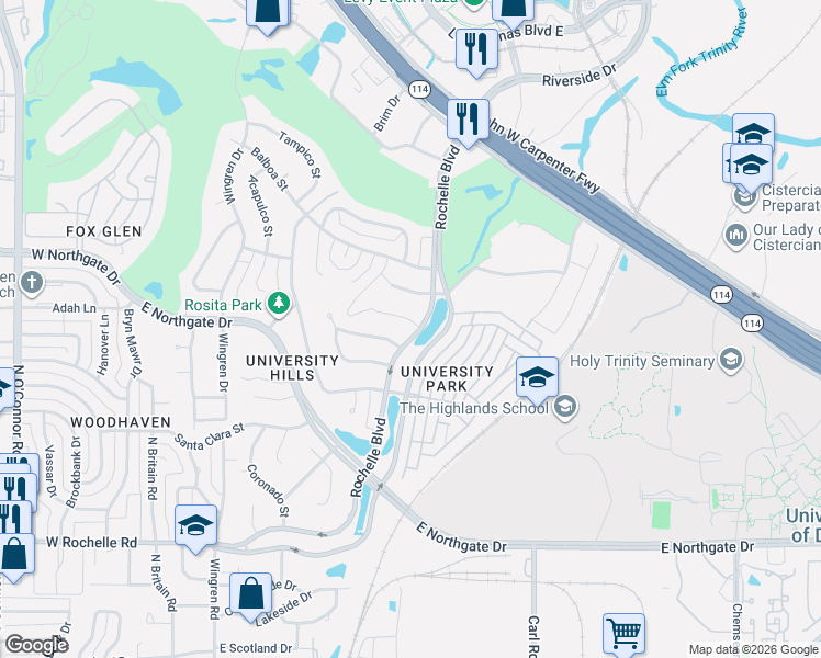 map of restaurants, bars, coffee shops, grocery stores, and more near 621 San Juan Court in Irving