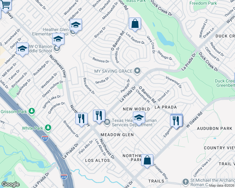 map of restaurants, bars, coffee shops, grocery stores, and more near 602 Perdido Drive in Garland