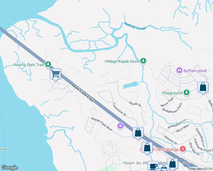 map of restaurants, bars, coffee shops, grocery stores, and more near 234 River Oak Drive in Mount Pleasant