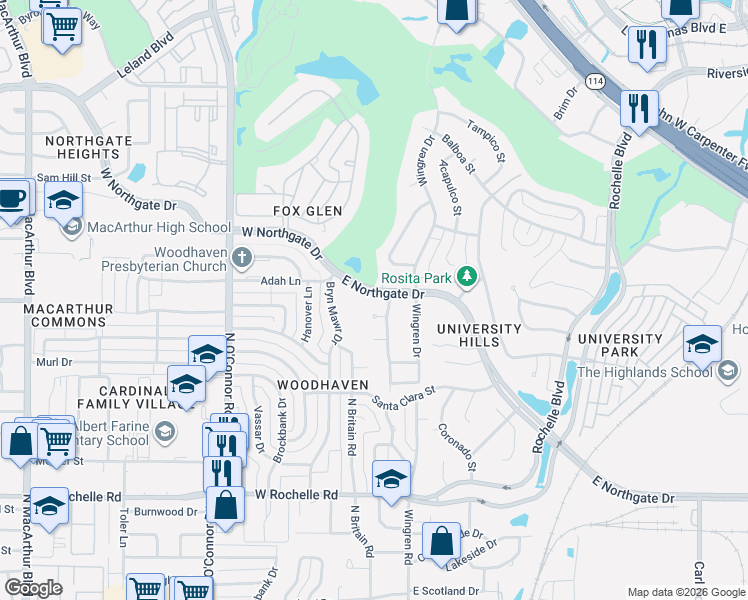 map of restaurants, bars, coffee shops, grocery stores, and more near 108 East Northgate Drive in Irving