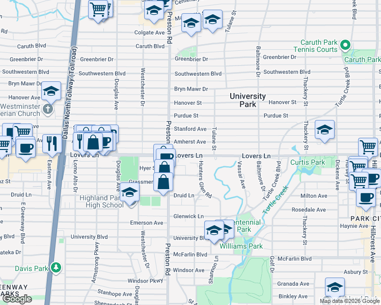map of restaurants, bars, coffee shops, grocery stores, and more near 4044 Lovers Lane in Dallas