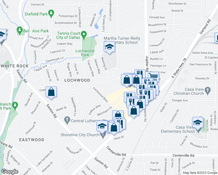 map of restaurants, bars, coffee shops, grocery stores, and more near 11039 Wyatt Street in Dallas