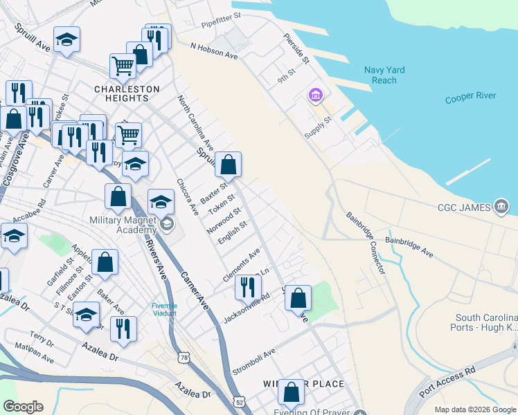 map of restaurants, bars, coffee shops, grocery stores, and more near 1804 English Street in North Charleston