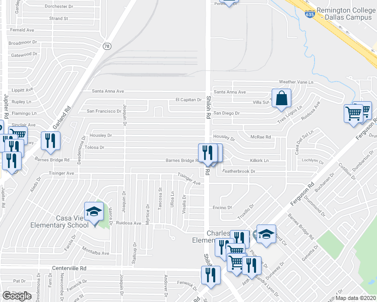 map of restaurants, bars, coffee shops, grocery stores, and more near 2726 Tolosa Drive in Dallas