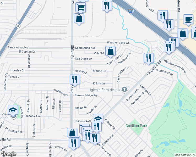 map of restaurants, bars, coffee shops, grocery stores, and more near 3018 Housley Drive in Dallas