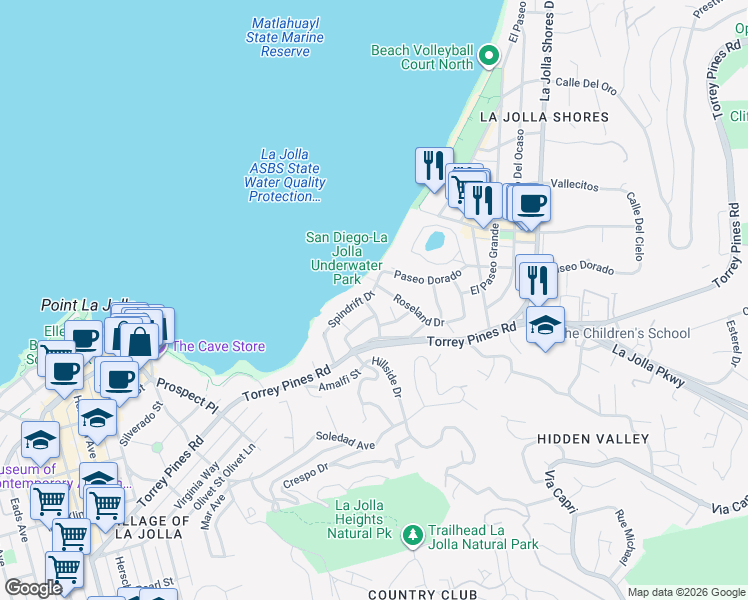 map of restaurants, bars, coffee shops, grocery stores, and more near 1919 Spindrift Drive in San Diego