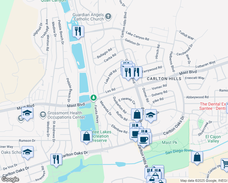 map of restaurants, bars, coffee shops, grocery stores, and more near 9209 Les Road in Santee