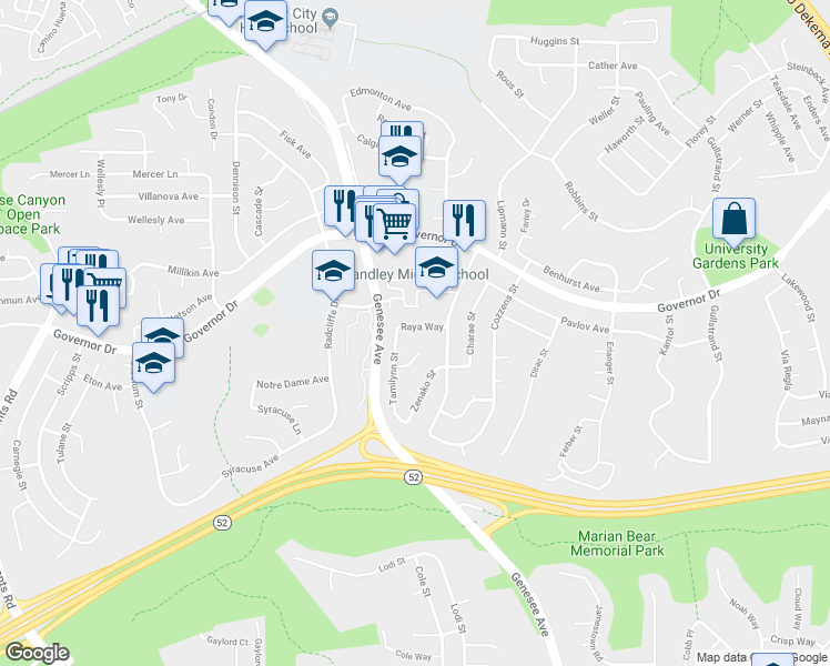 map of restaurants, bars, coffee shops, grocery stores, and more near 4133 Raya Way in San Diego