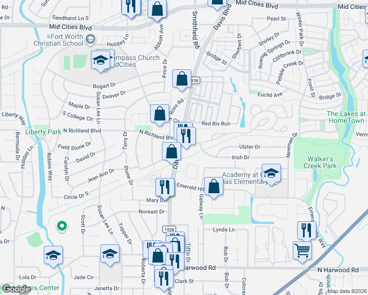 map of restaurants, bars, coffee shops, grocery stores, and more near 5752 Davis Boulevard in North Richland Hills