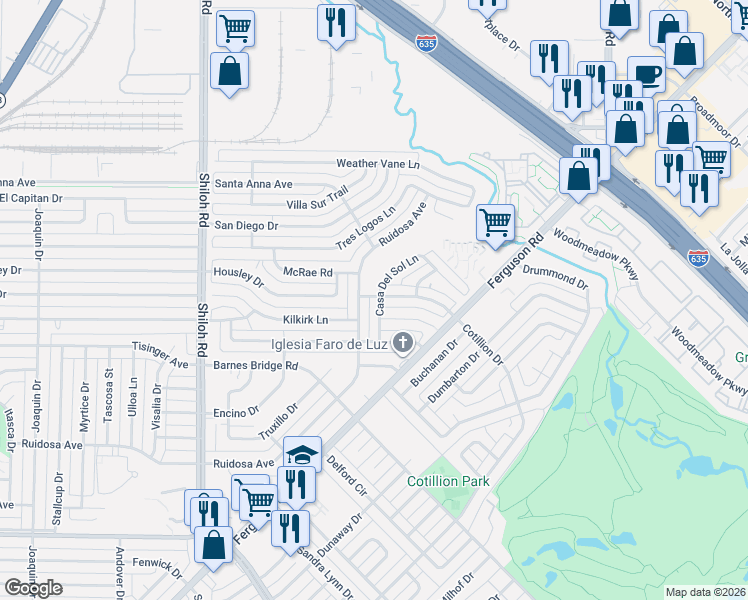 map of restaurants, bars, coffee shops, grocery stores, and more near 3631 Casa Del Sol Lane in Dallas