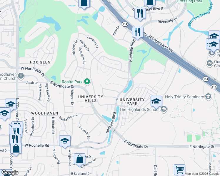 map of restaurants, bars, coffee shops, grocery stores, and more near 509 North Durango Circle in Irving