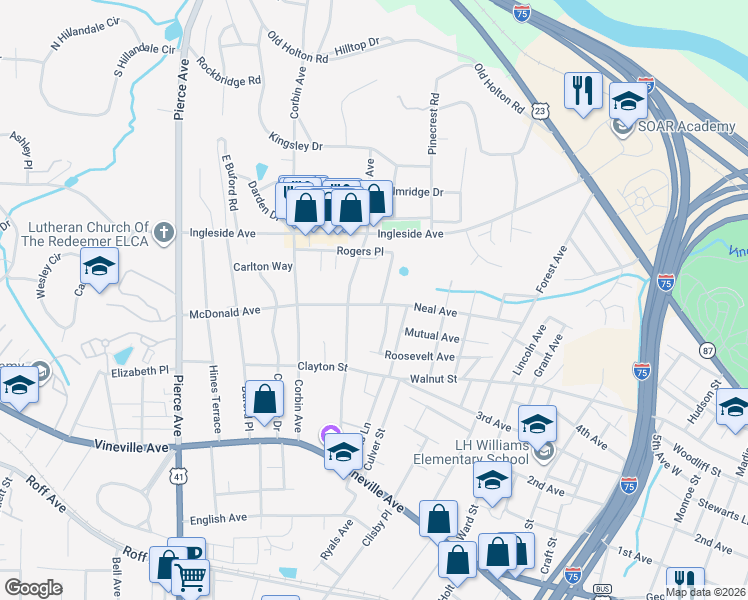 map of restaurants, bars, coffee shops, grocery stores, and more near 2251 Neal Avenue in Macon