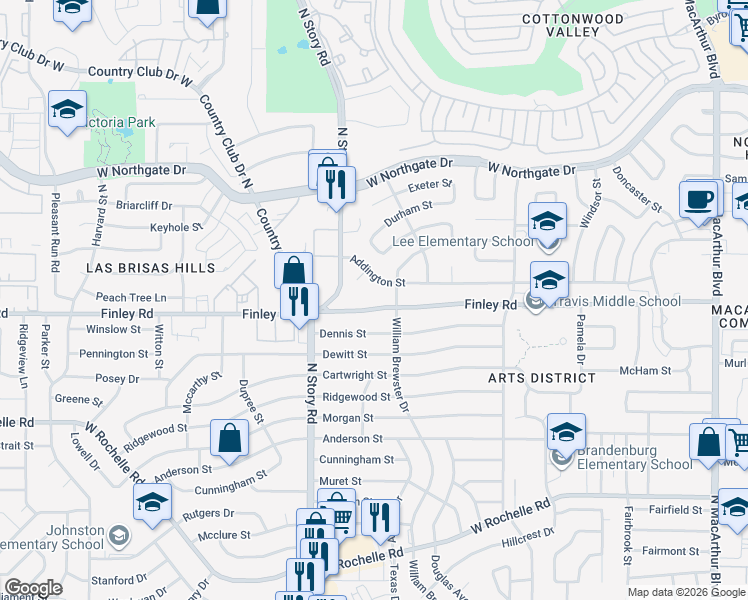 map of restaurants, bars, coffee shops, grocery stores, and more near 2127 Finley Road in Irving