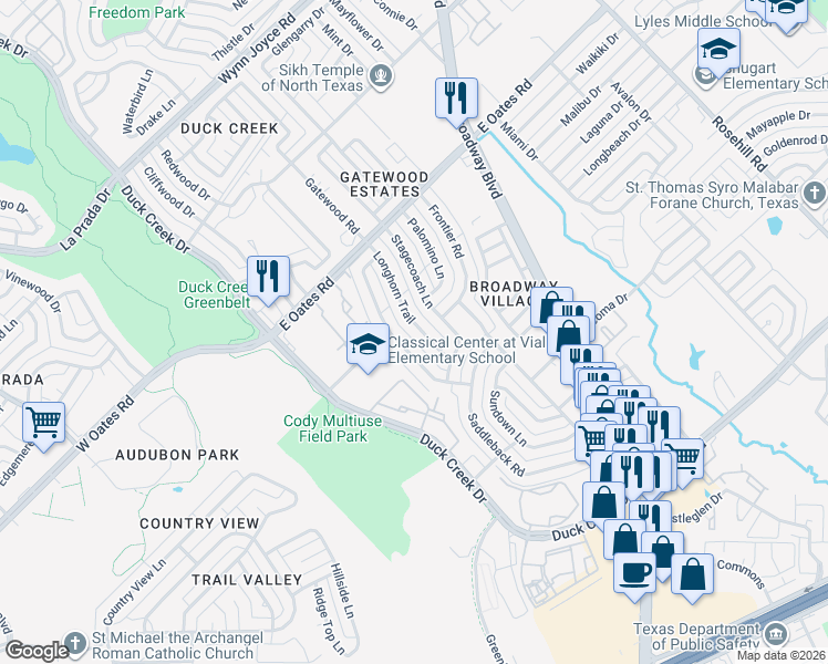map of restaurants, bars, coffee shops, grocery stores, and more near 5201 Longhorn Trail in Garland