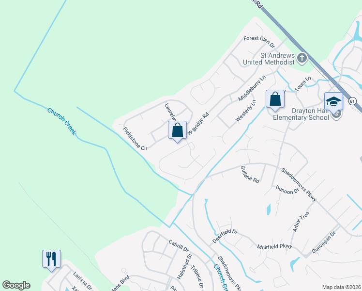 map of restaurants, bars, coffee shops, grocery stores, and more near 7179 Windmill Creek Road in Charleston
