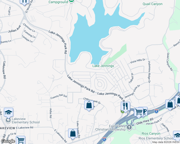 map of restaurants, bars, coffee shops, grocery stores, and more near American Way in Lakeside