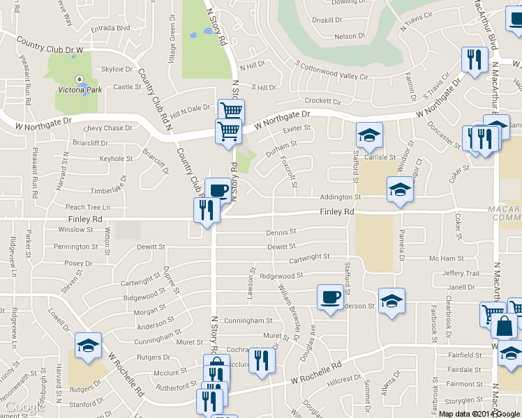 map of restaurants, bars, coffee shops, grocery stores, and more near 2127 Finley Road in Irving