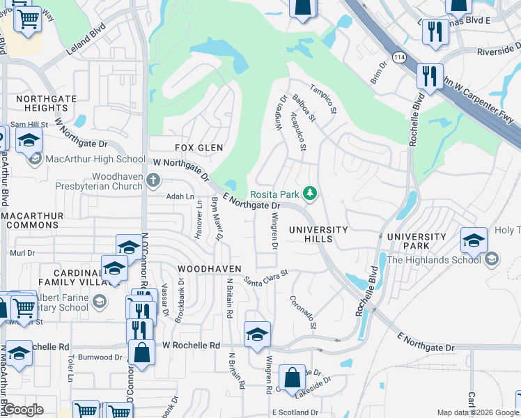 map of restaurants, bars, coffee shops, grocery stores, and more near 3608 Gentry Road in Irving