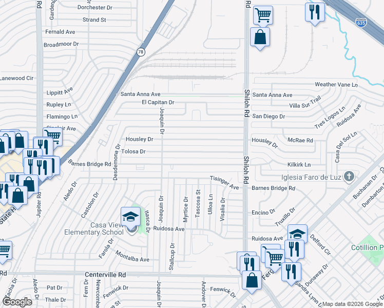 map of restaurants, bars, coffee shops, grocery stores, and more near 2508 Tolosa Drive in Dallas